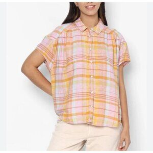 NWT American Eagle Plaid Short Sleeve Pink Orange Button Down Shirt Size X-Small